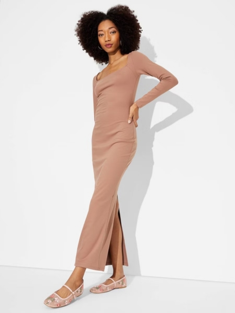 Wild Fable Long Sleeve Butterbliss Maxi Bodycon Dress in Dark Taupe Size S